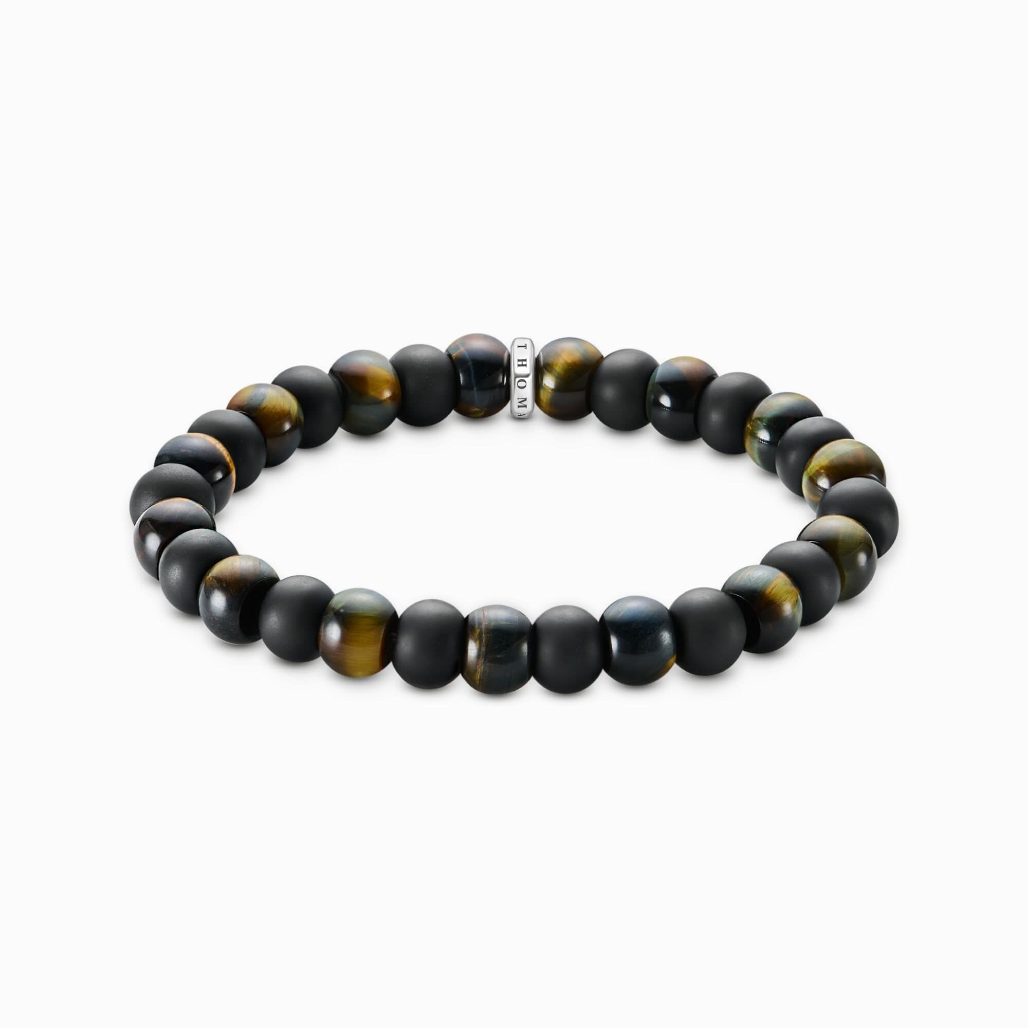 Pulsera de perlas con cuentas de piedra negra y acentos de ojo de tigre, con etiqueta de metal