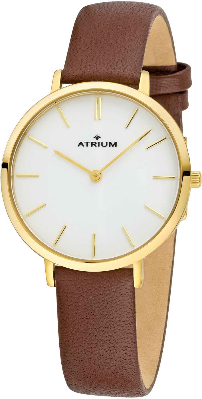 Reloj de mujer con correa de cuero marrón, caja dorada y esfera blanca, manecillas doradas