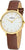 Reloj de mujer con correa de cuero marrón, caja dorada y esfera blanca, manecillas doradas