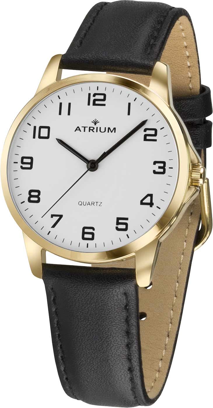 Pulsera de hombre con correa de cuero negra, bisel dorado y esfera blanca (ATRIUM)