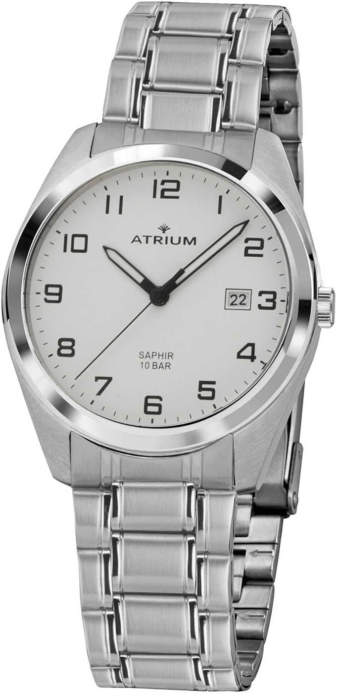 Reloj de hombre Atrium: pulsera de metal plateado, esfera redonda con ventana de fecha