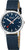 "Reloj unisex con esfera azul, caja plateada y correa textil azul oscuro de lado."