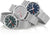"Tres relojes unisex con correa milanesa plateada y esfera azul y gris"