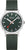 Reloj unisex con esfera verde oscuro, caja plateada y correa textil verde.