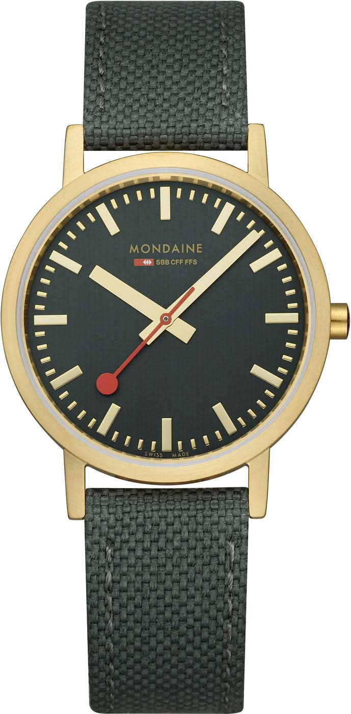 Reloj de mujer con esfera verde oscuro, caja dorada y correa textil verde