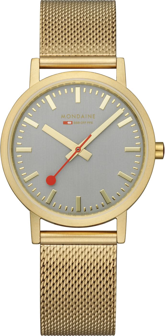 Reloj unisex con correa milanesa dorada y esfera redonda gris azulada, segundero rojo