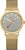 Reloj unisex con correa milanesa dorada y esfera redonda gris azulada, segundero rojo