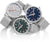 Tres relojes de hombre con correa de malla plateada: esfera gris, azul y verde oscuro.