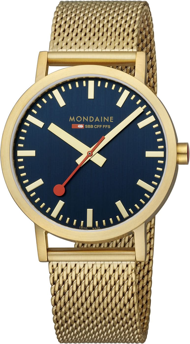 Reloj unisex: esfera azul, manecillas doradas y correa de malla en caja redonda