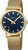 Reloj unisex: esfera azul, manecillas doradas y correa de malla en caja redonda