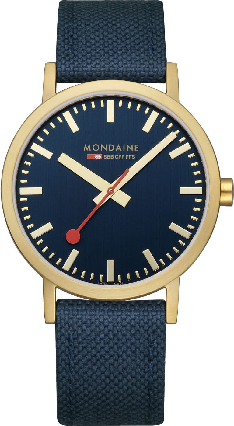 Reloj Mondaine: esfera azul, correa azul oscuro, bisel dorado