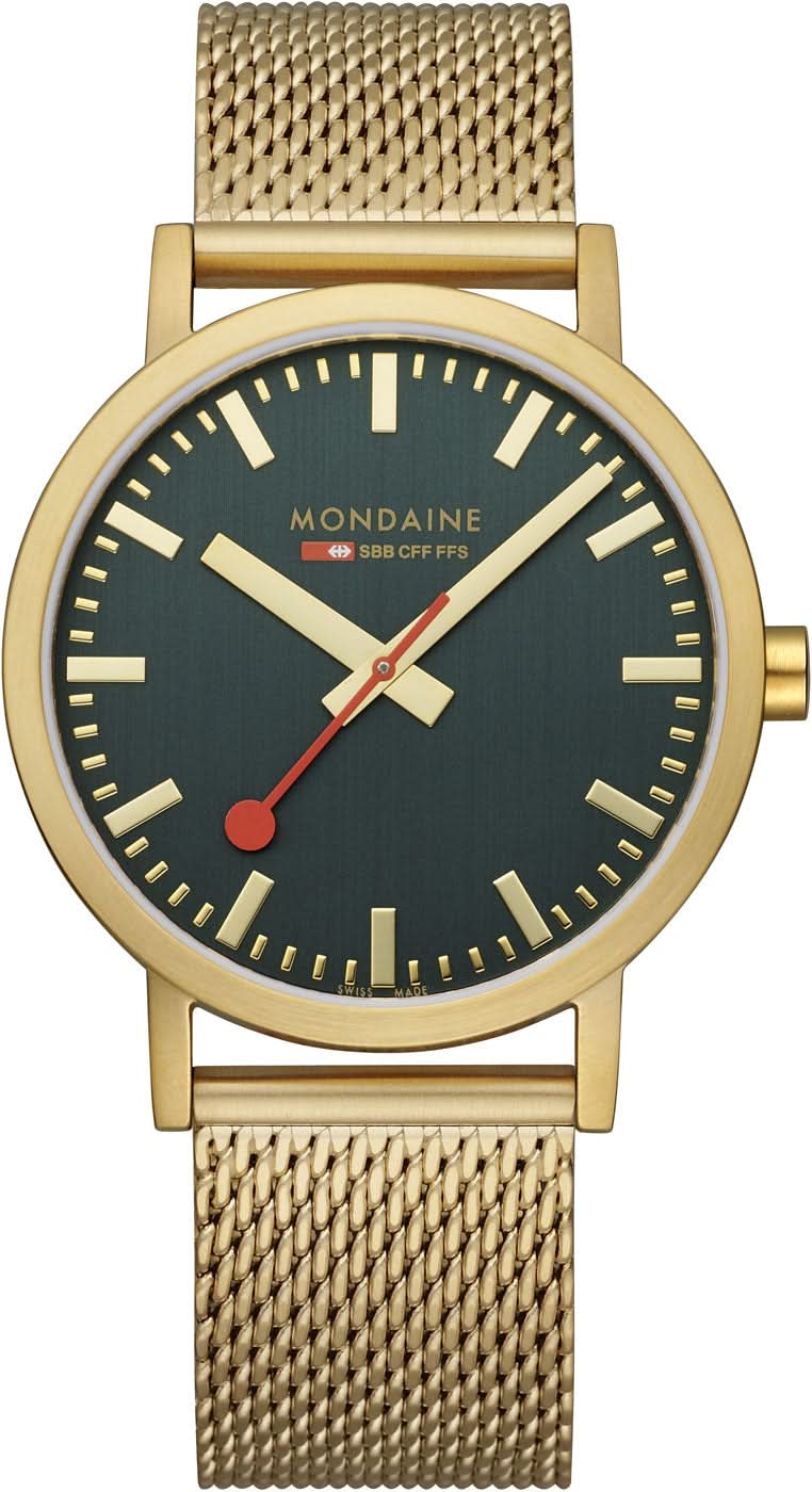 Reloj de hombre con correa de metal dorado y esfera verde oscuro, segundero rojo