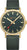 Reloj unisex con esfera verde oscuro, manecillas doradas y correa de tela gris.