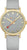 Reloj unisex: esfera gris claro, bisel dorado, correa de tela gris.