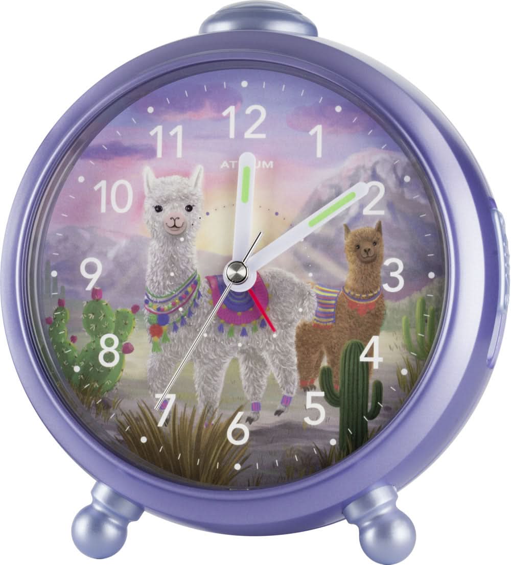Despertador analógico infantil con diseño de llama, carcasa violeta, dos manecillas