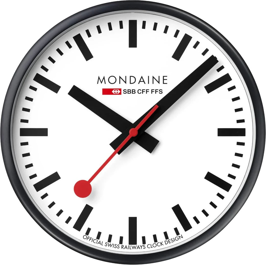 "Reloj de pared con esfera blanca, manecillas negras y segundero rojo, borde negro"