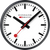 "Reloj de pared con esfera blanca, manecillas negras y segundero rojo, borde negro"