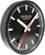 Reloj de pared negro con anillo en la esfera, índices de línea blancos y manecillas rojas