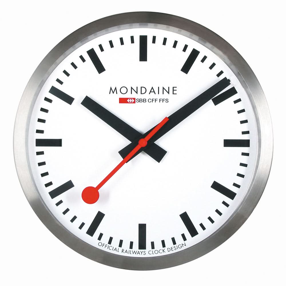 Reloj de pared Mondaine: esfera blanca, marco negro, segundero rojo