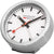 Reloj de mesa redondo en caja metálica con esfera blanca y manecillas rojas