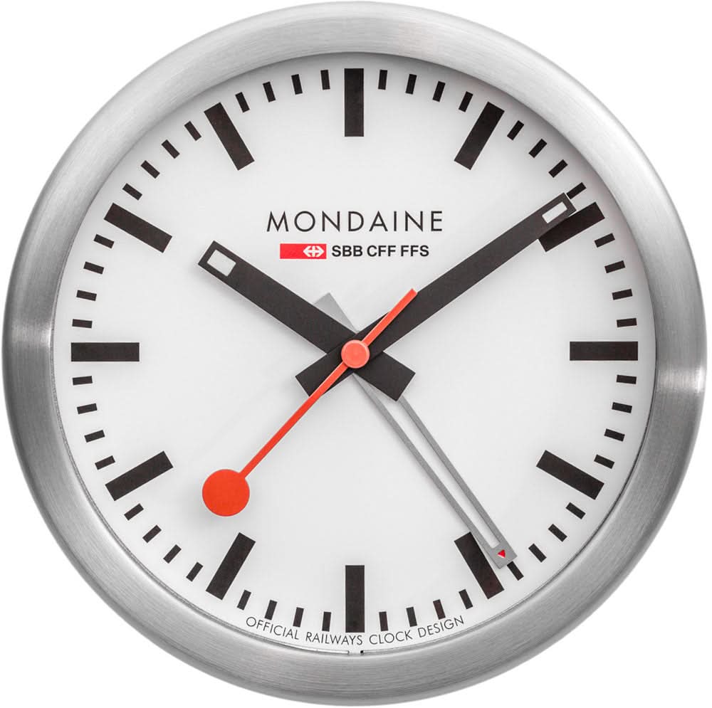 Reloj de mesa redondo: esfera blanca, marcadores negros, manecillas rojas