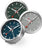 Set de relojes magnéticos: esfera verde, gris y azul con manecillas rojas en caja plateada.