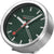 Reloj magnético con esfera verde y caja plateada, manecillas rojas visibles desde el frente.