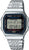 Reloj con podómetro, correa de metal plateado y pantalla digital azul