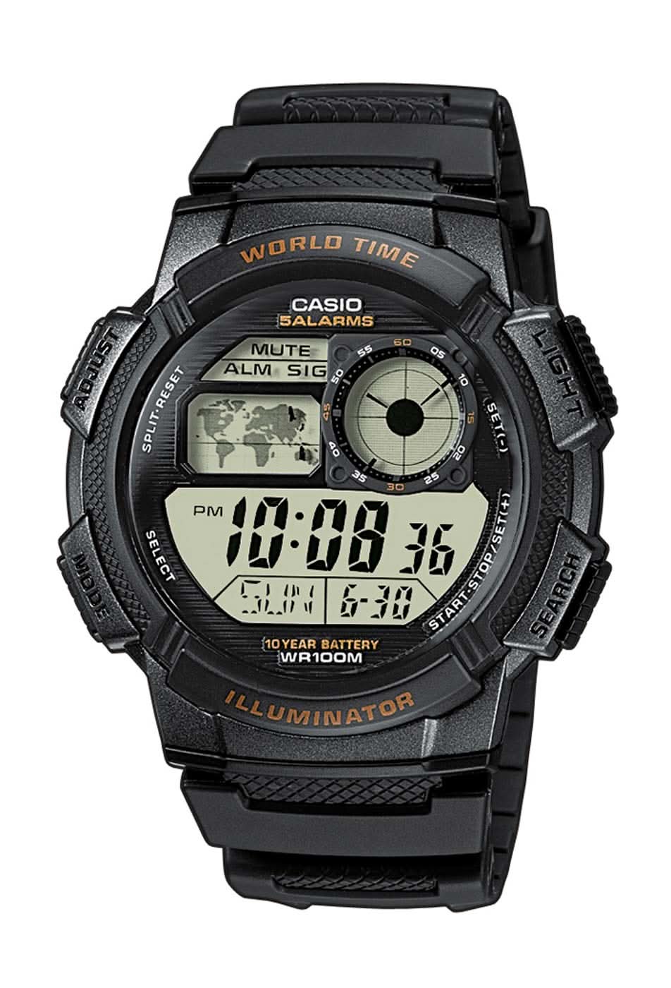 Reloj solar negro para hombre con pantalla digital, hora mundial e iluminador