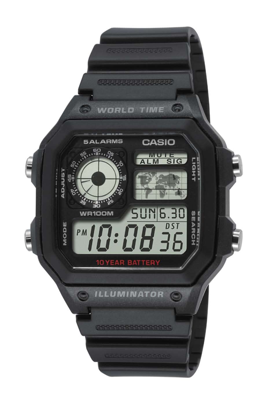 Reloj digital negro para hombre con pantalla LCD, botones y correa de plástico