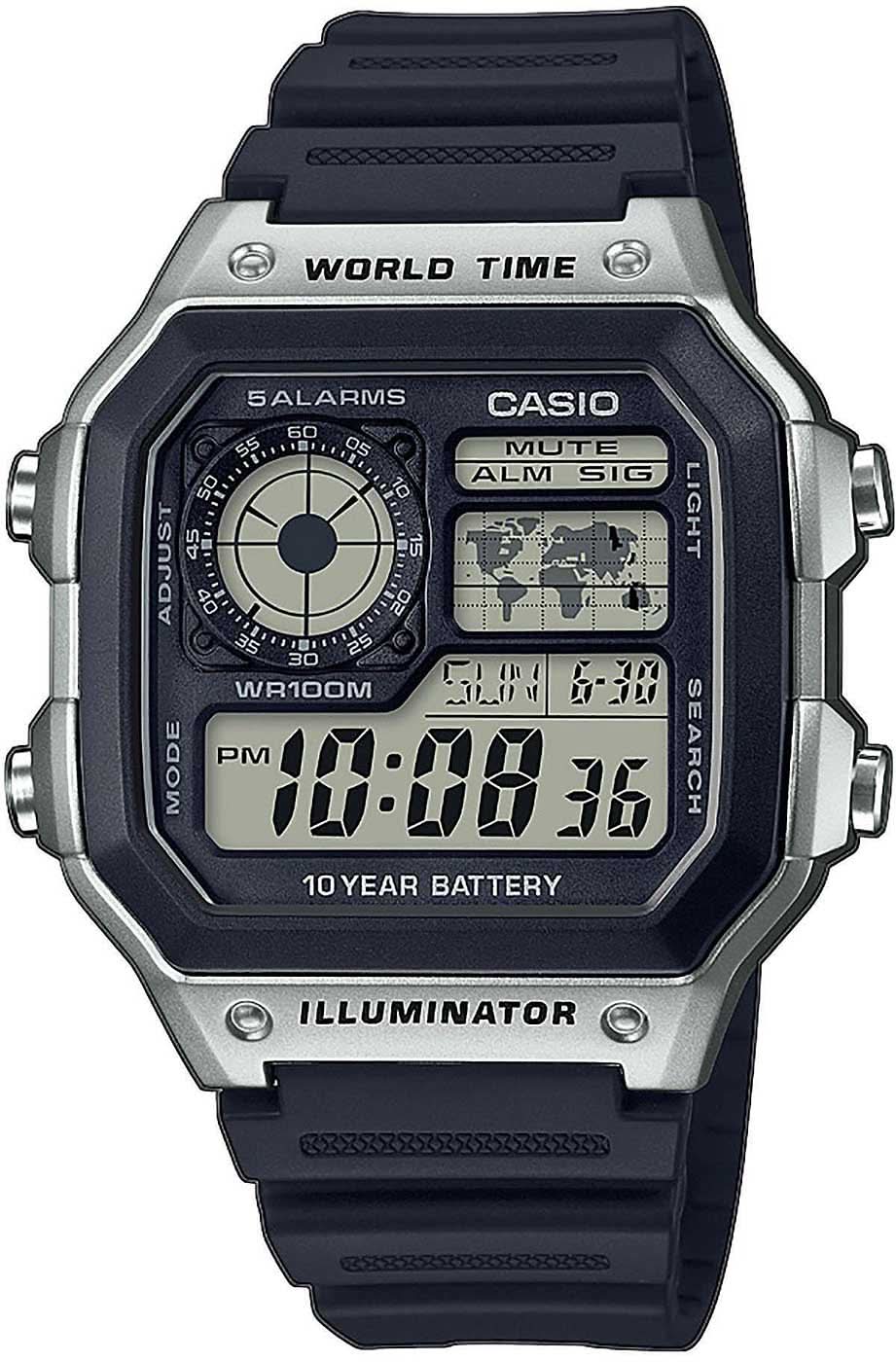 Reloj Casio para hombre con correa oscura, caja plateada y pantalla digital de hora mundial