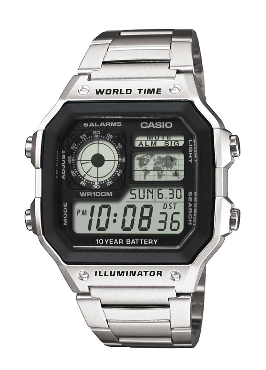 Reloj digital para hombre con pantalla negra y correa de acero inoxidable plateado, Casio