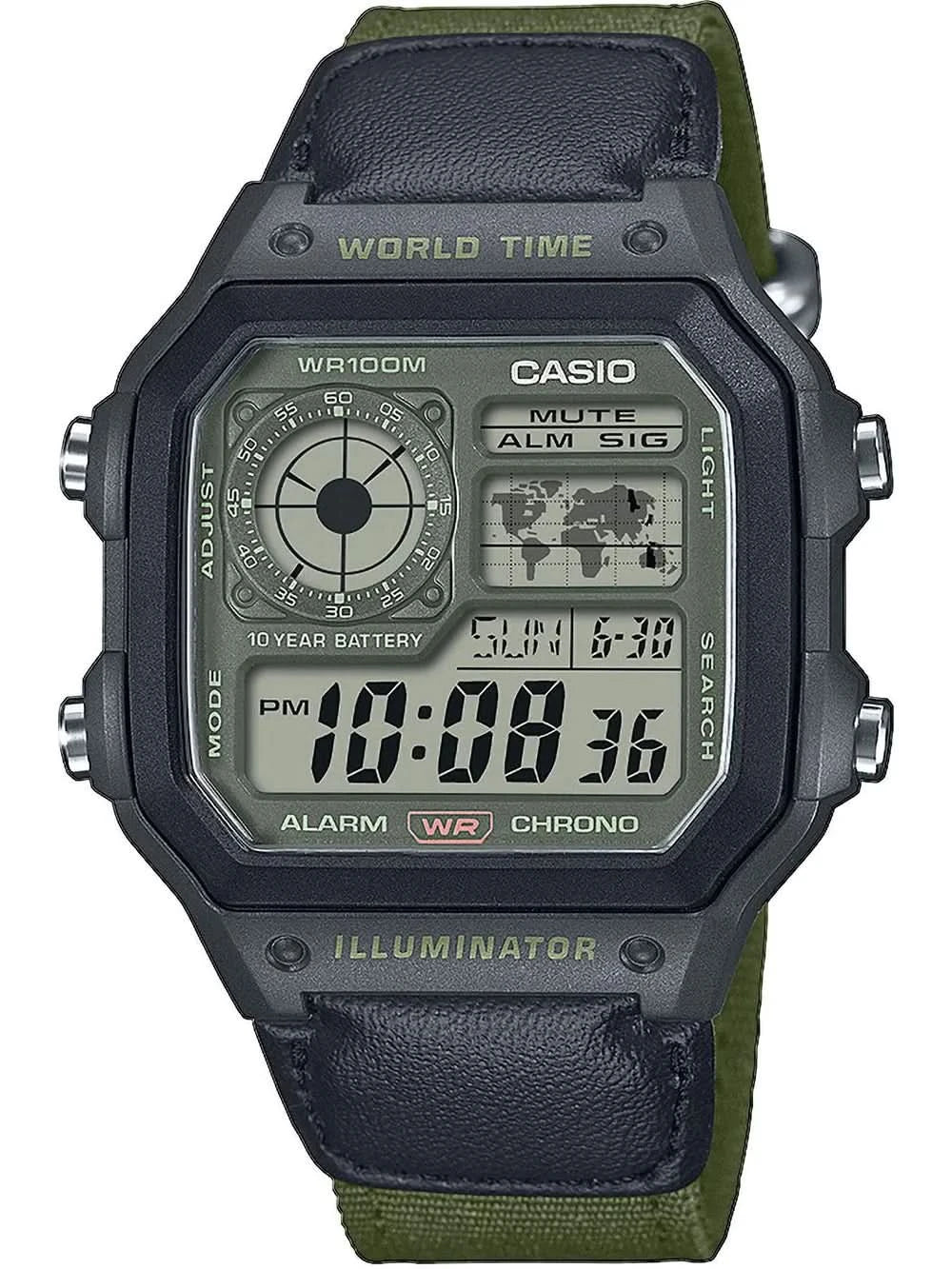 Reloj Casio para hombre con caja redonda, pantalla digital y correa de cuero verde oscuro.