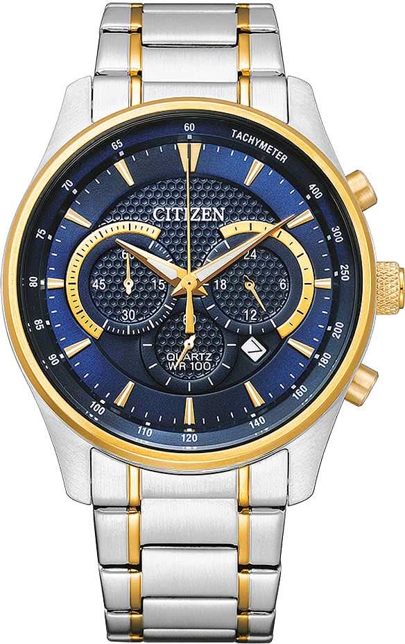 Reloj de pulsera bicolor para hombre con cronógrafo, esfera azul y correa de metal