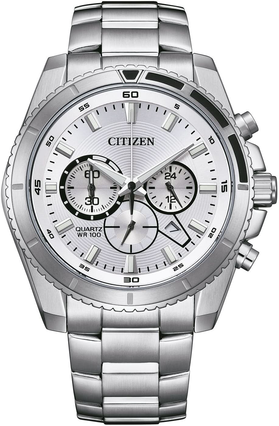 Reloj de hombre con correa de acero inoxidable, esfera blanca y contadores de cronógrafo