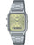 Casio Vintage watch with metal strap, square case, light dial and digital display.