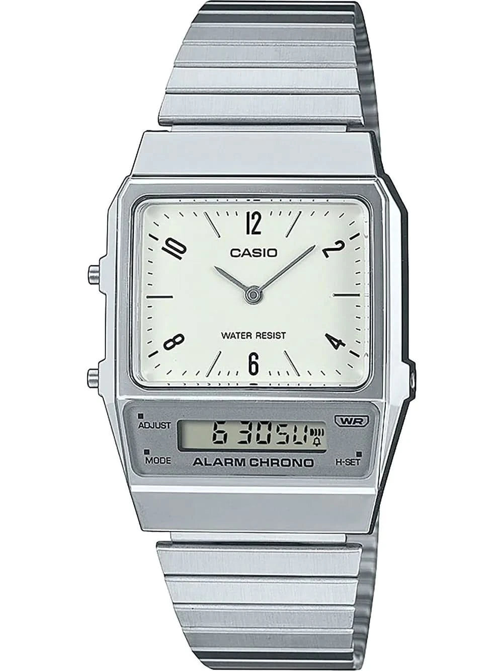 Reloj Casio Vintage con pulsera rectangular de metal plateado, esfera blanca y pantalla digital