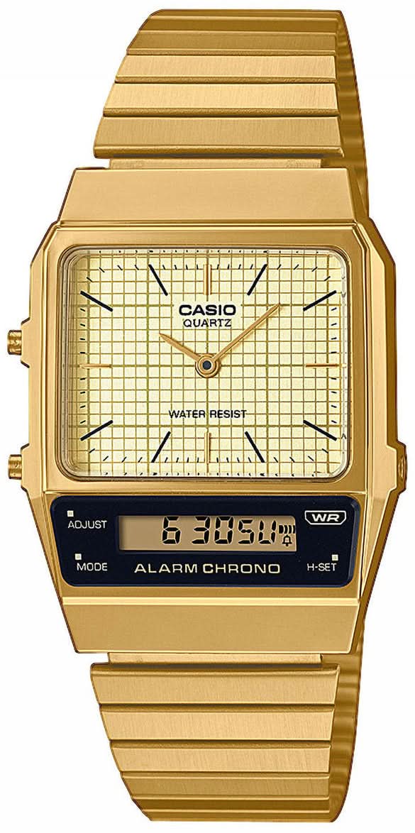 Reloj Casio con correa de metal dorada, esfera analógica y pantalla digital