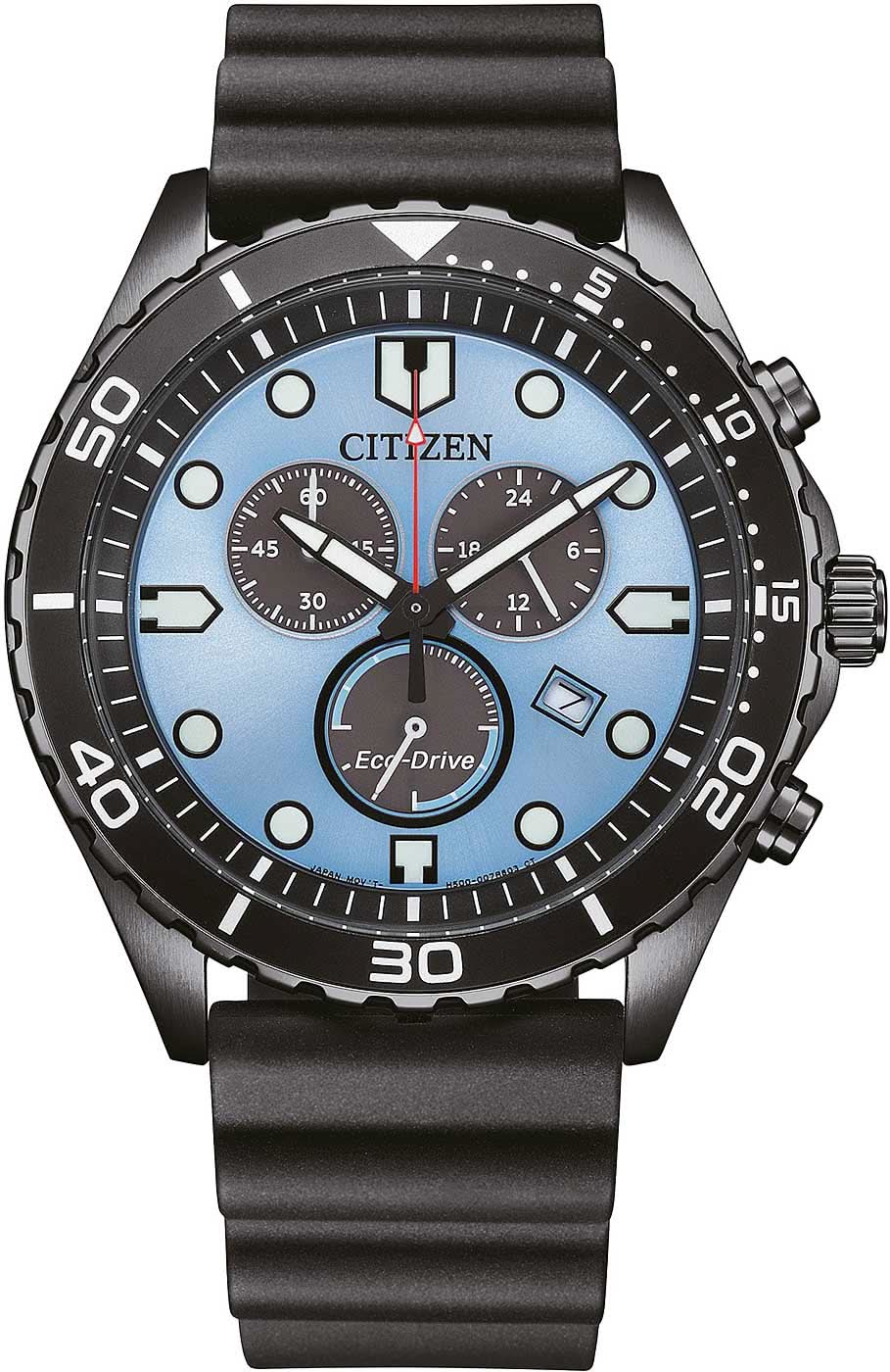 Reloj de hombre con correa negra y esfera azul, aspecto de cronógrafo