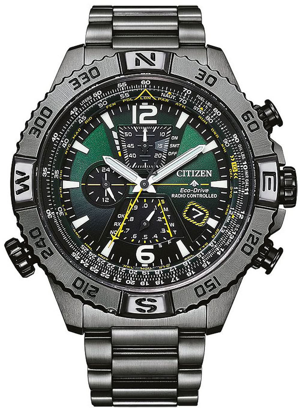 Reloj de hombre con esfera verde, bisel negro y correa de metal