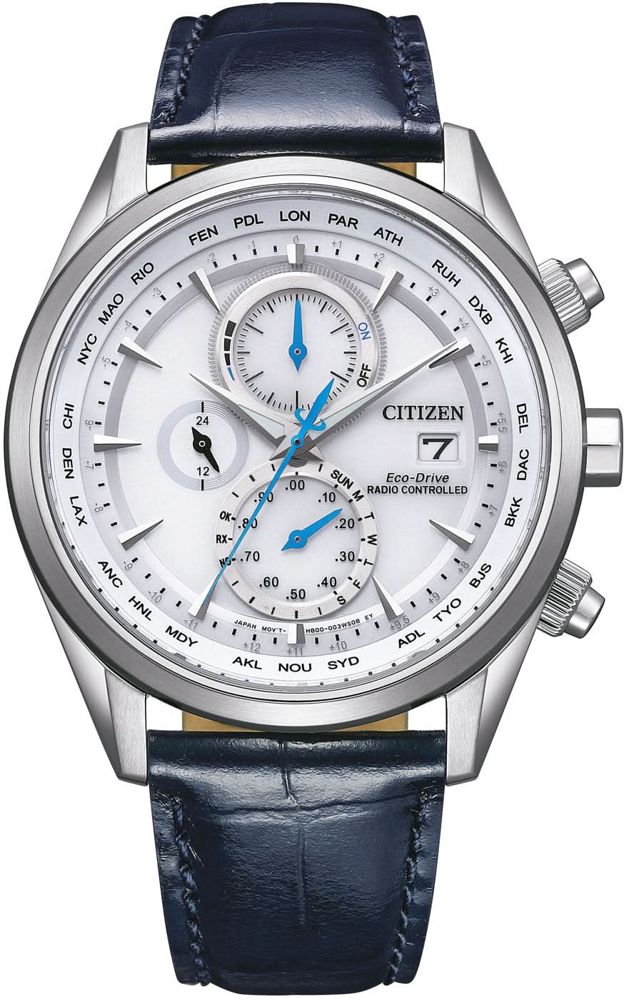 Pulsera de hombre con correa de cuero azul, caja plateada y esfera analógica blanca
