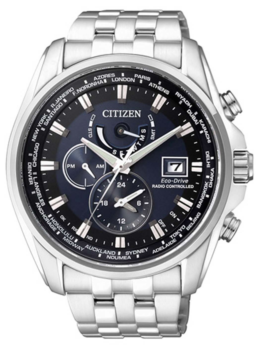 Reloj de hombre con esfera azul oscuro, manecillas y correa de acero, corona a la derecha