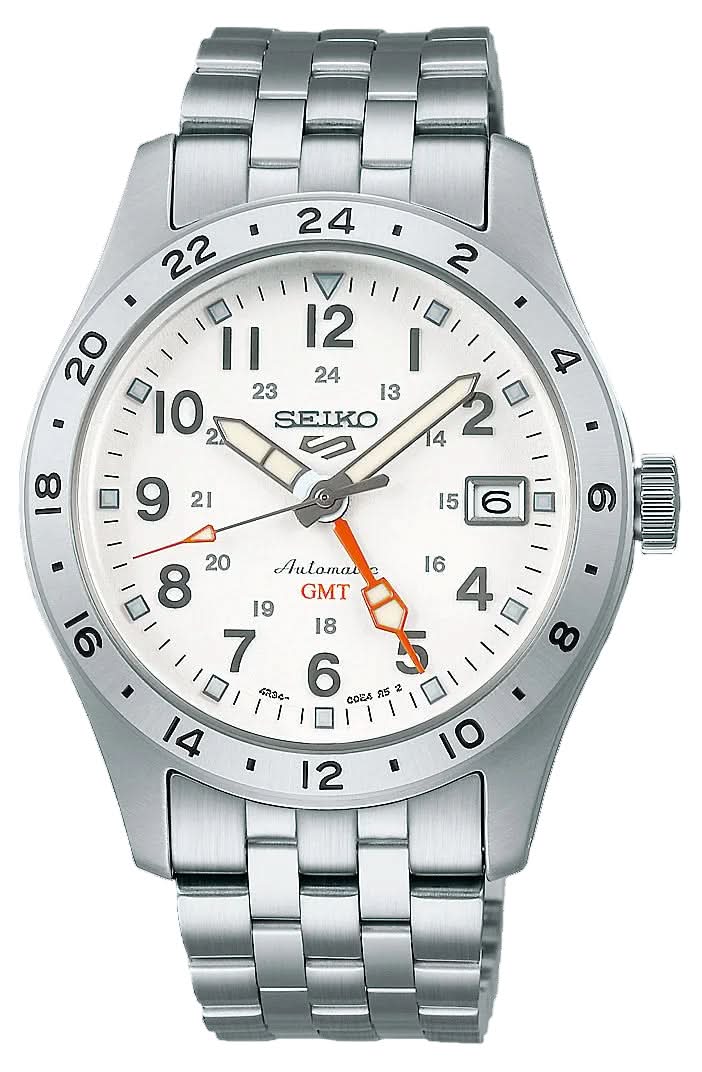 Pulsera de hombre con esfera plateada, manecilla GMT, ventana de fecha a las 6 en punto, brazalete de acero inoxidable