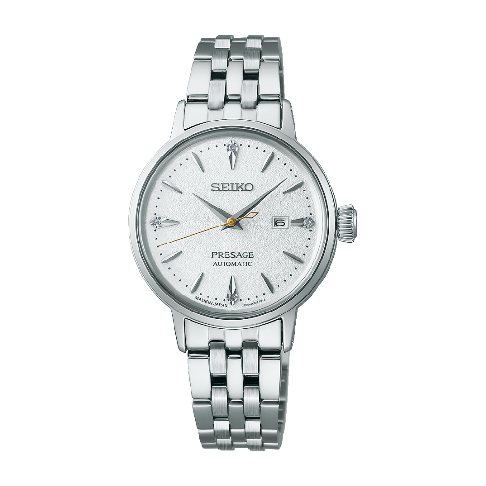 Seiko Presage - Reloj de mujer con brazalete milanés plateado y esfera blanca
