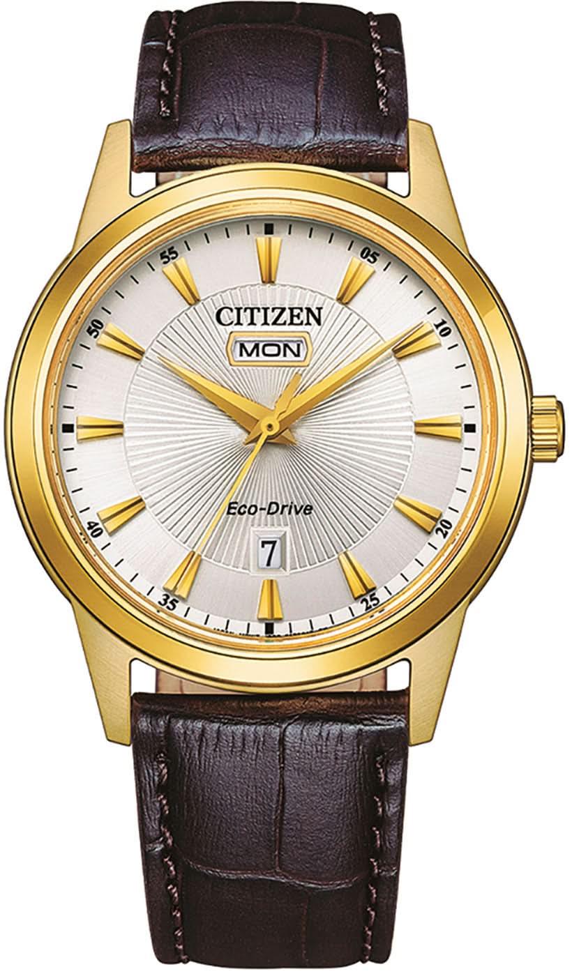 Reloj de hombre con caja redonda dorada, esfera blanca y correa de piel marrón