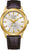 Reloj de hombre con caja redonda dorada, esfera blanca y correa de piel marrón