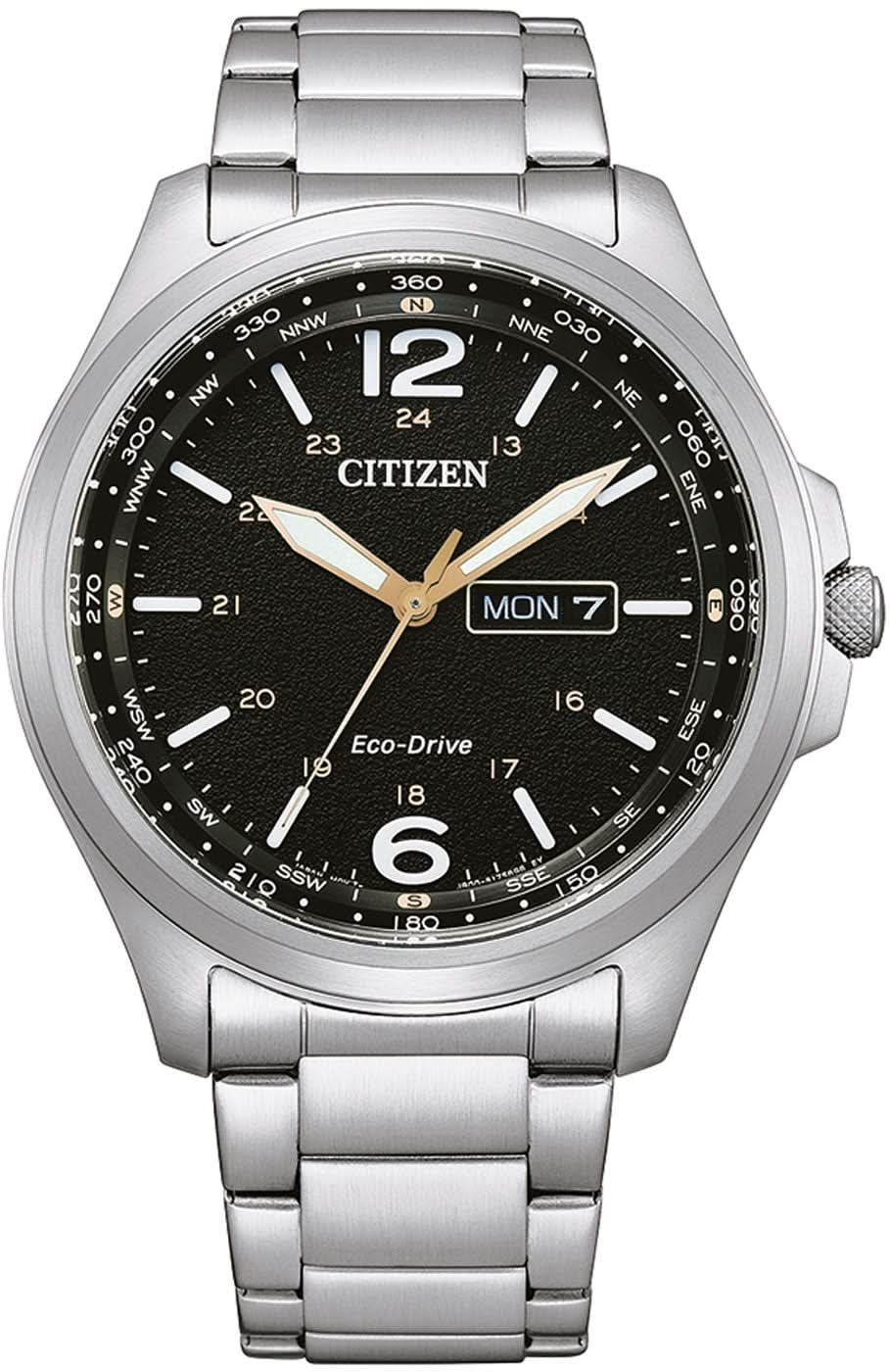 Reloj de pulsera Citizen para hombre con esfera negra, correa de acero inoxidable plateado y visualización de fecha