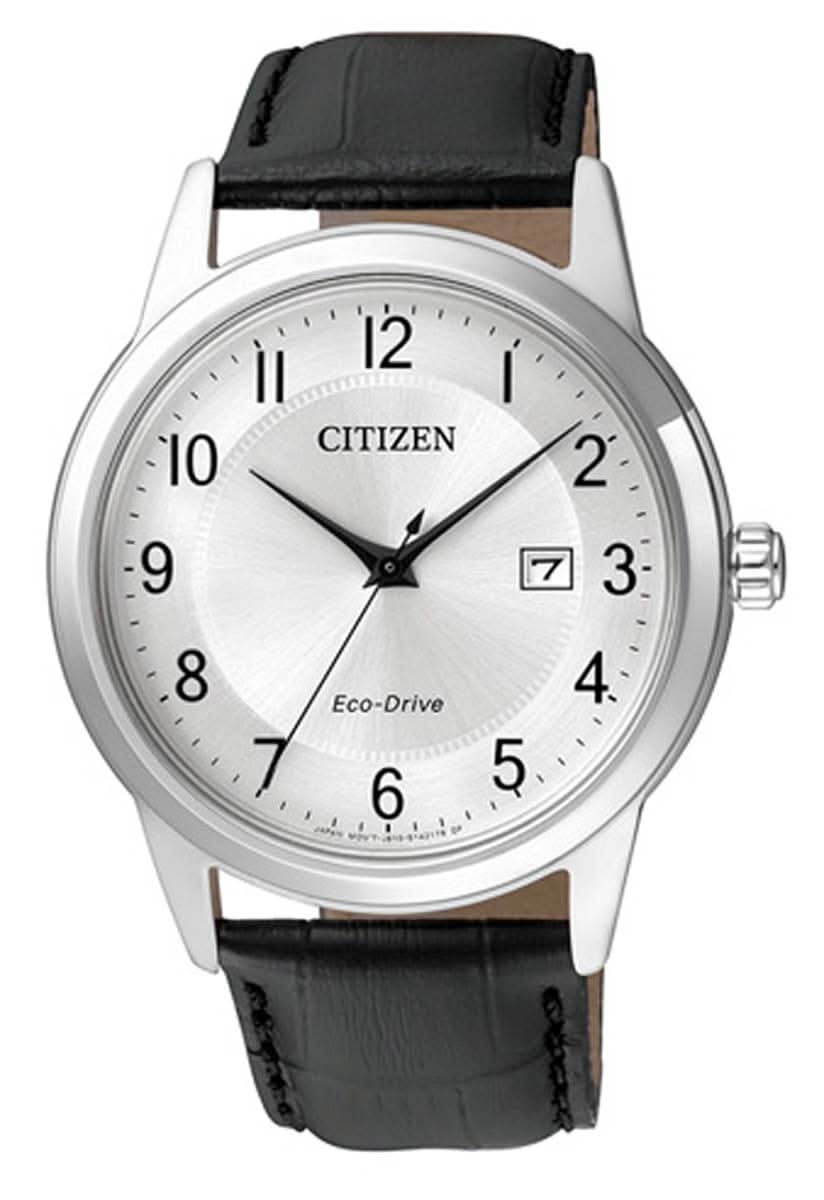 Reloj Citizen para hombre con caja plateada, correa de cuero negra y esfera blanca