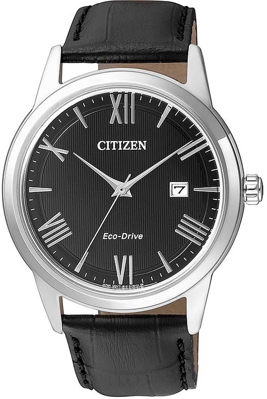 Reloj de hombre con caja plateada, esfera negra y correa de cuero negra.