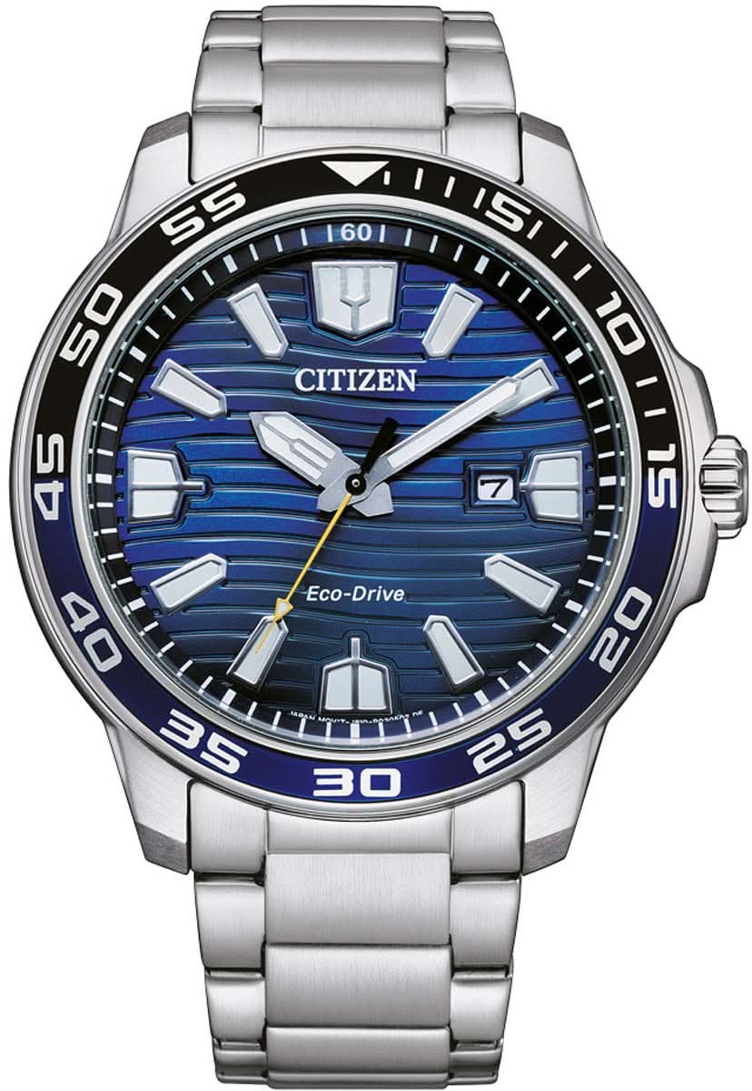 Reloj para hombre con esfera azul, Eco-Drive, correa de acero inoxidable y bisel taquímetro